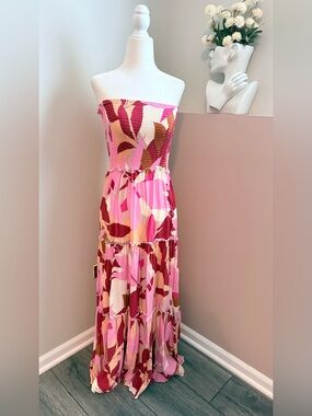 Abel the Label Women’s Small  Strapless Pink Tiered Maxi Summer Vacation Dress‎